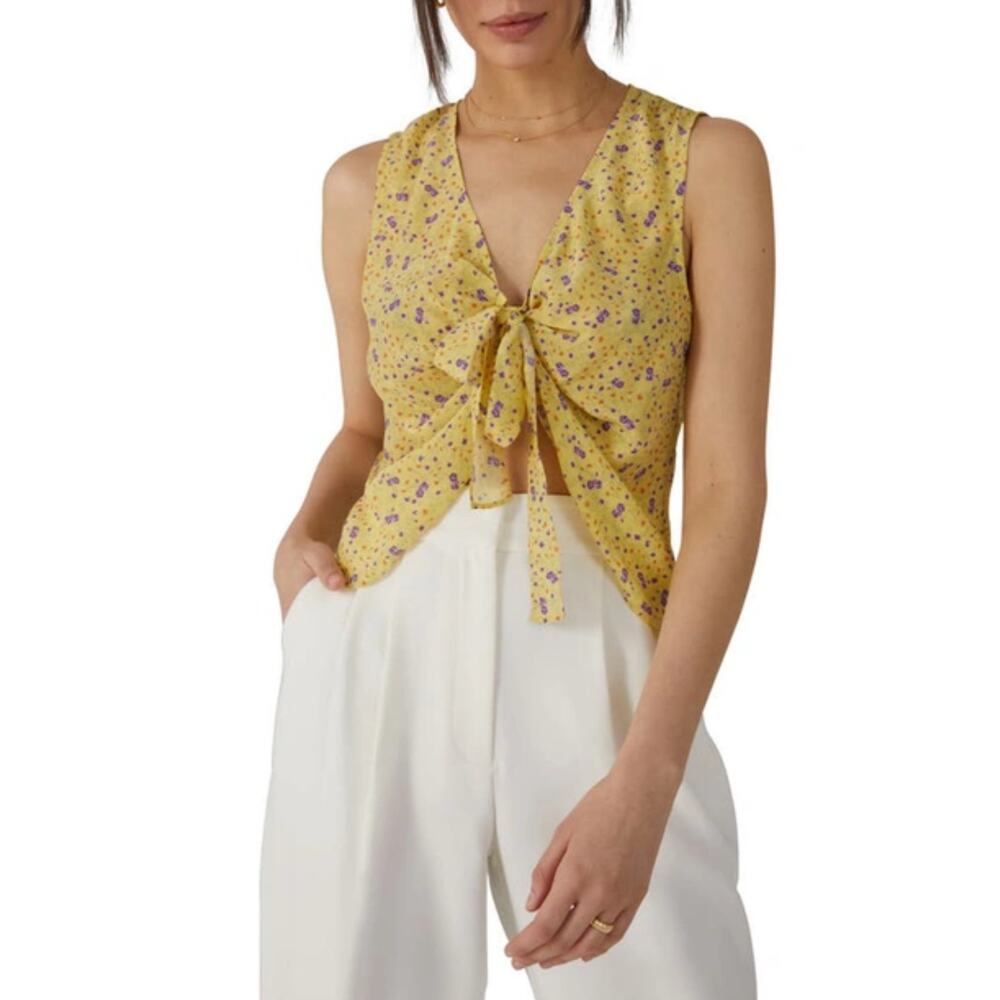 NWOT FAVORITE DAUGHTER Blouse M Yellow Silk Floral Bow Tie Snaps “Gwen”